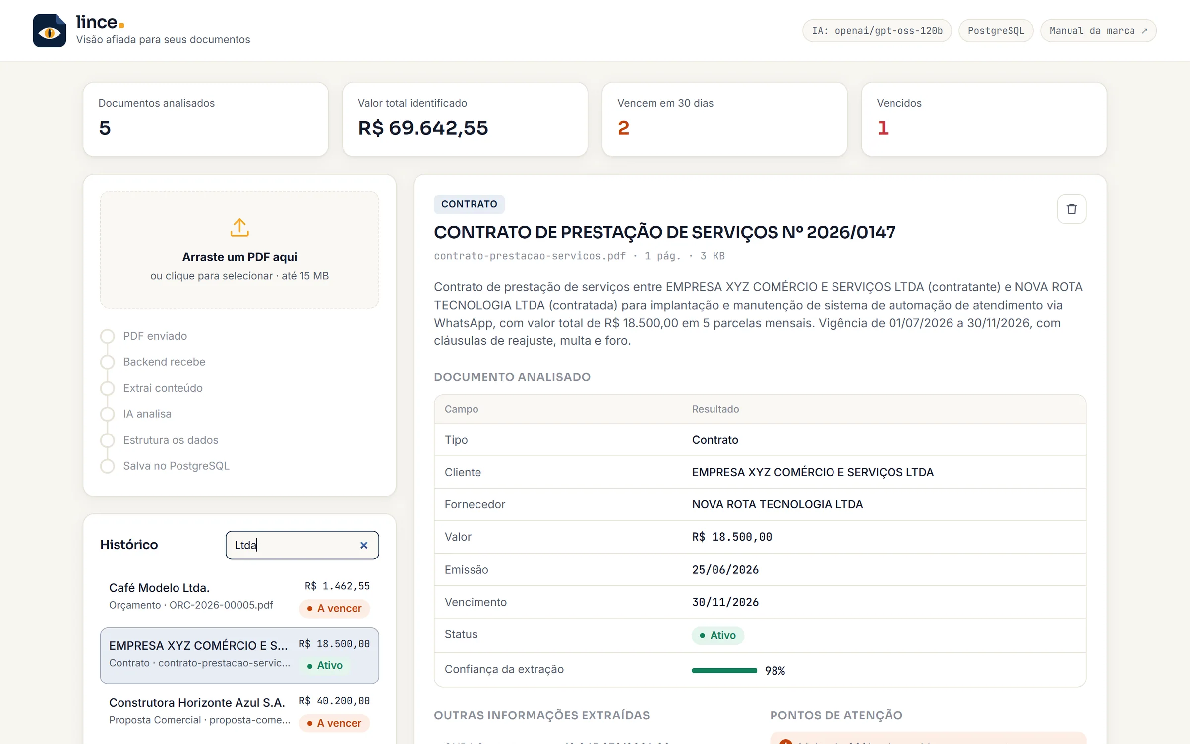 Lince exibindo a análise de um contrato de prestação de serviços com resumo e campos extraídos
