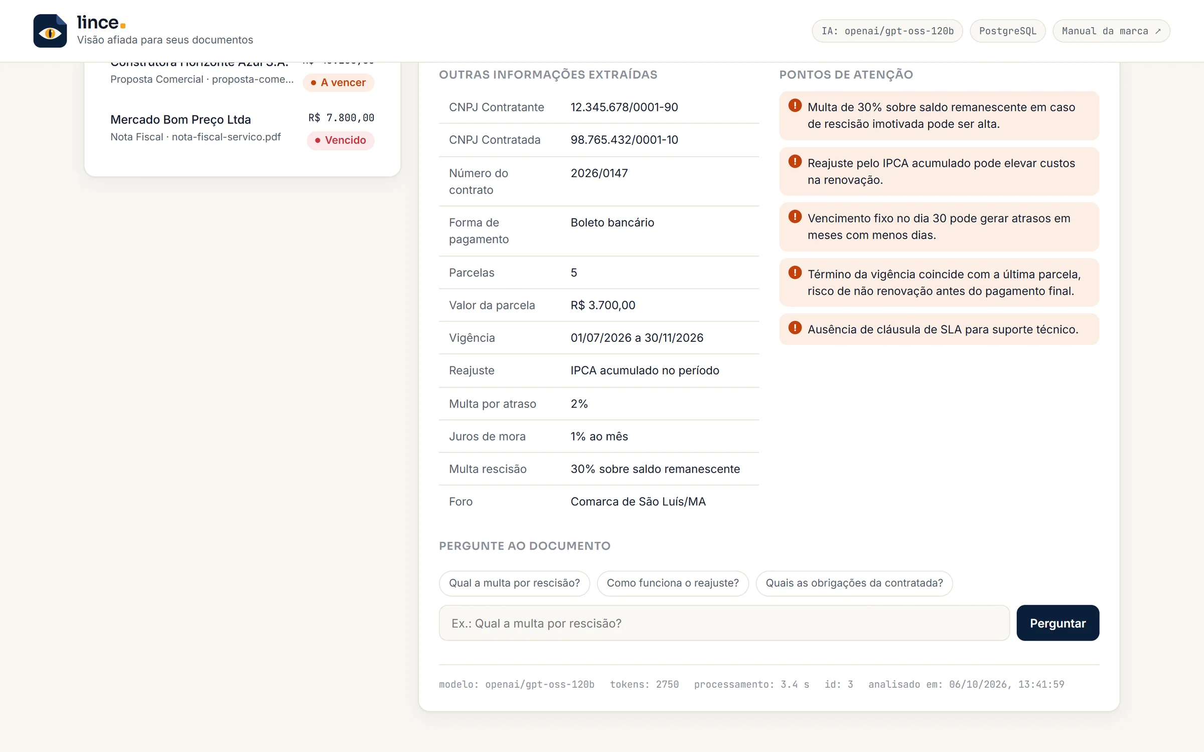 Pontos de atenção destacados e campo para perguntar ao documento