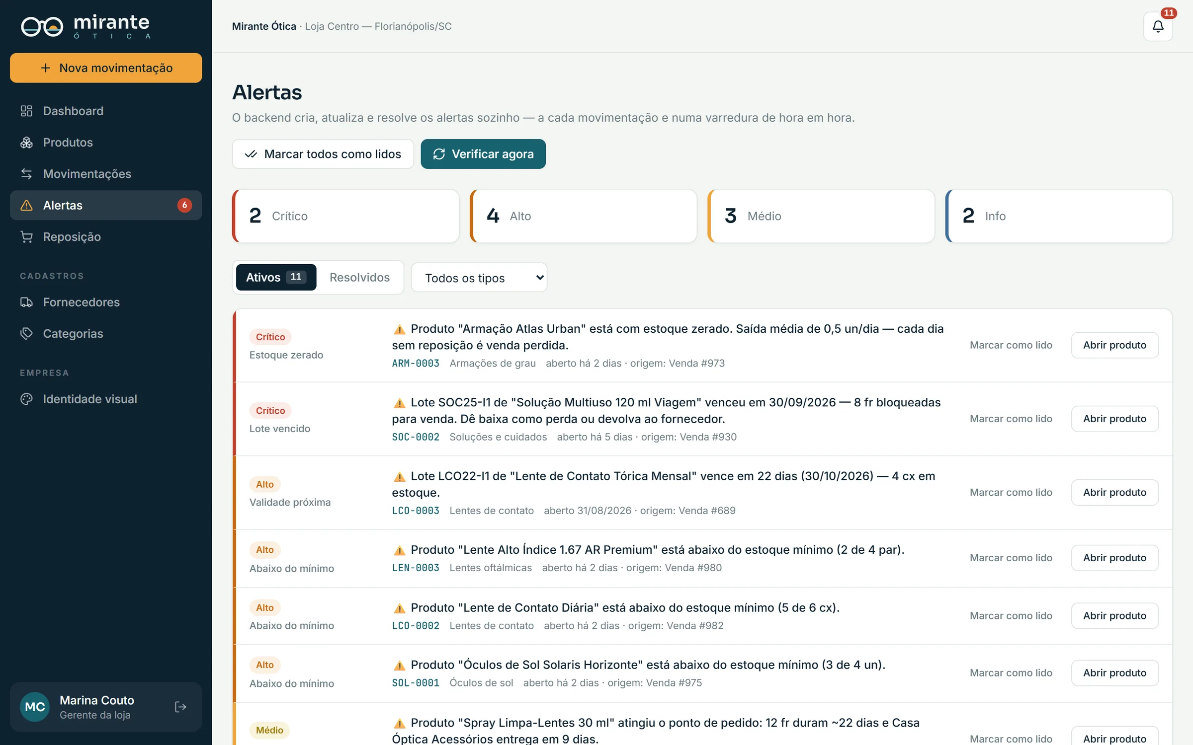 Central de alertas por gravidade