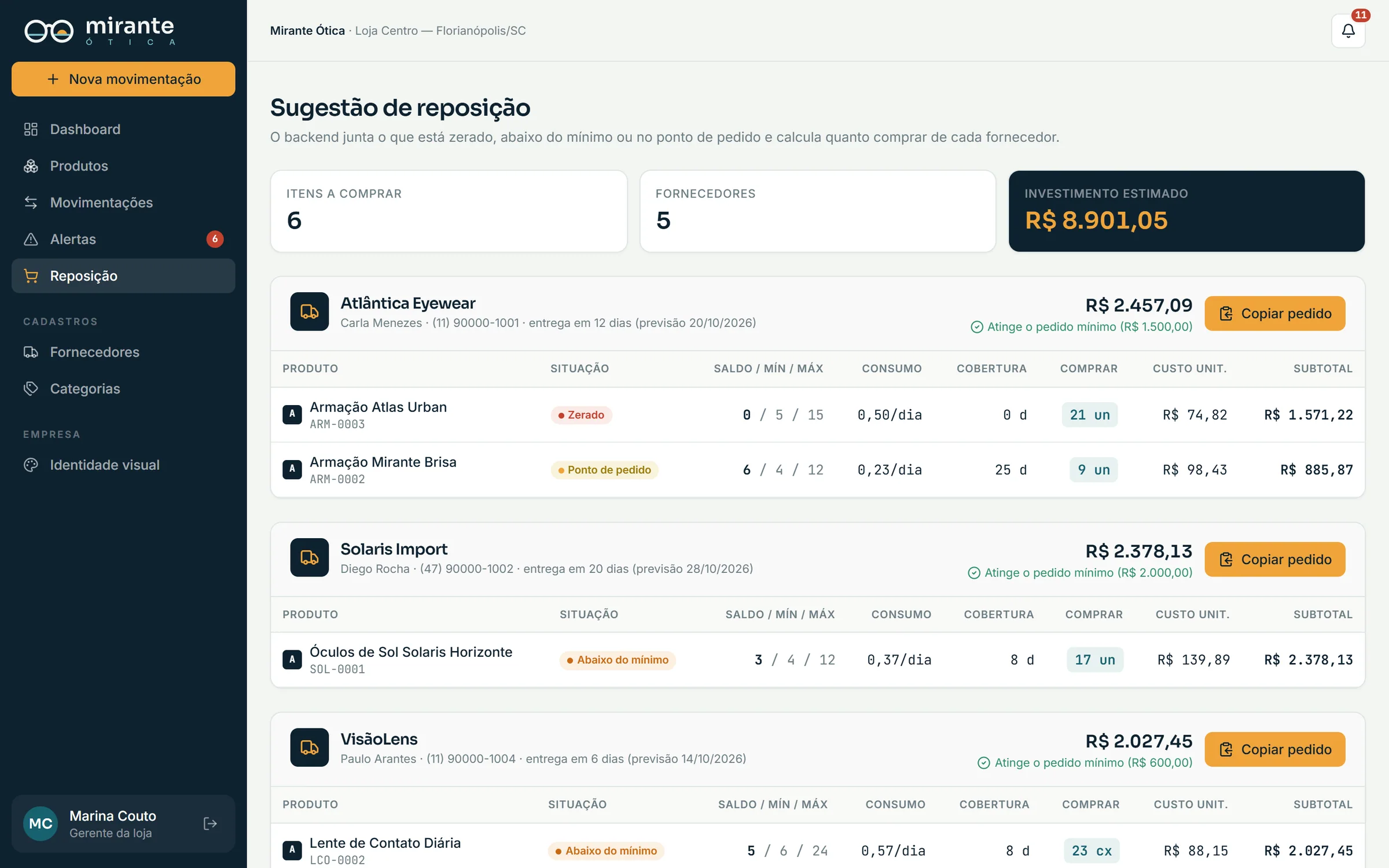 Sugestão de reposição agrupada por fornecedor