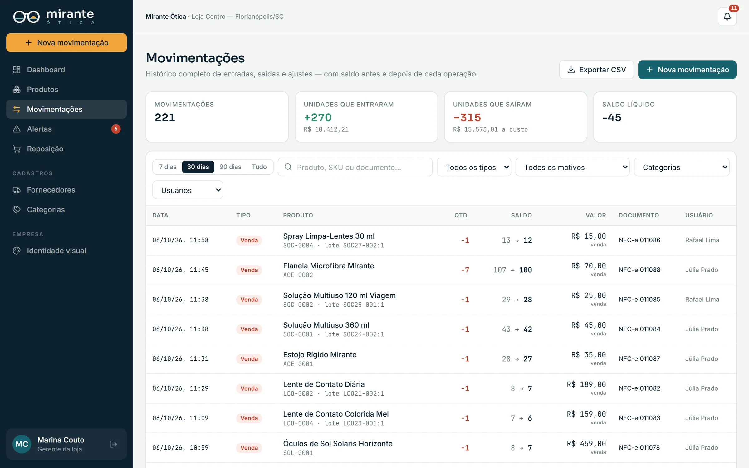 Histórico de movimentações com filtros e exportação CSV