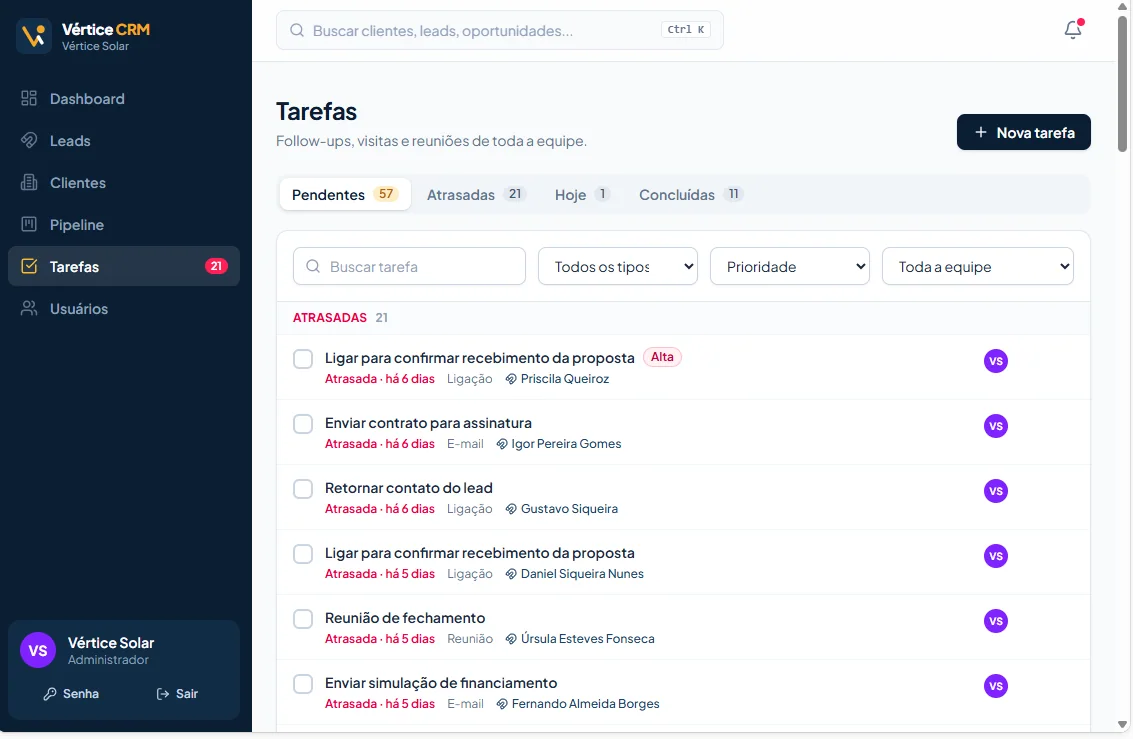 Lista de tarefas com grupo de atrasadas, prioridade e vínculo com o contato