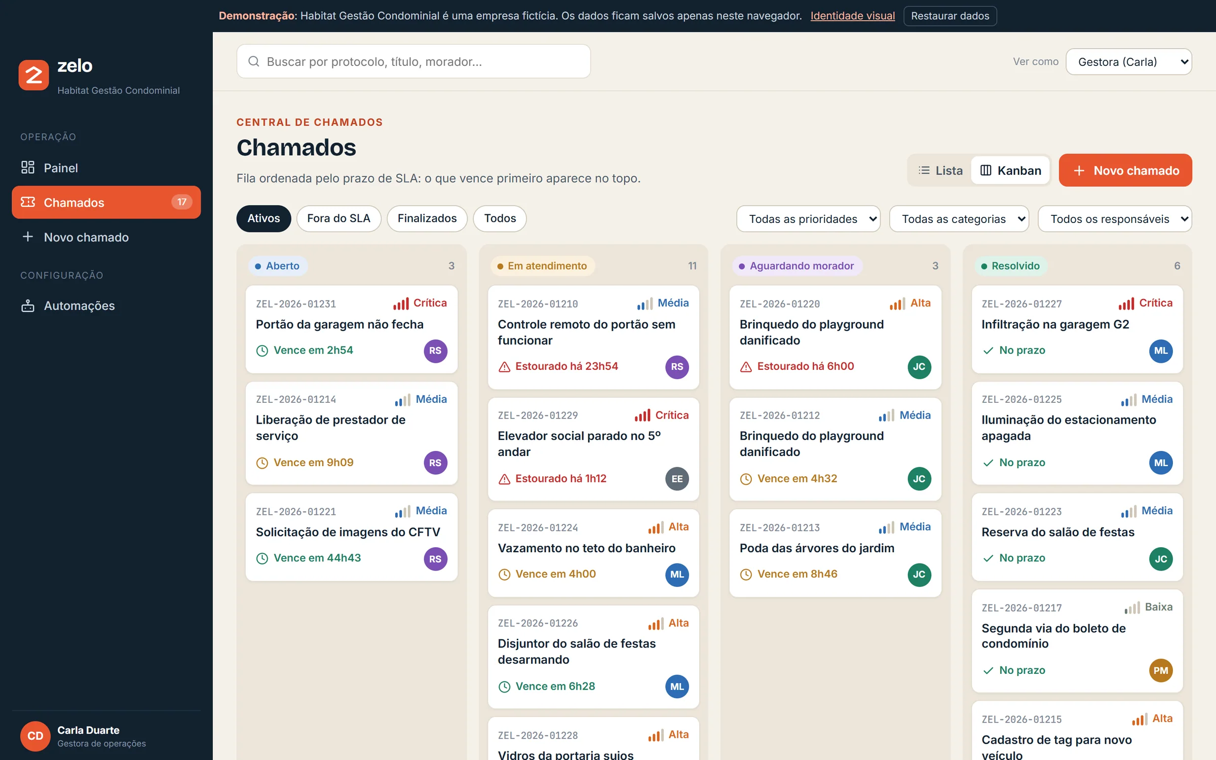 Kanban de chamados por status