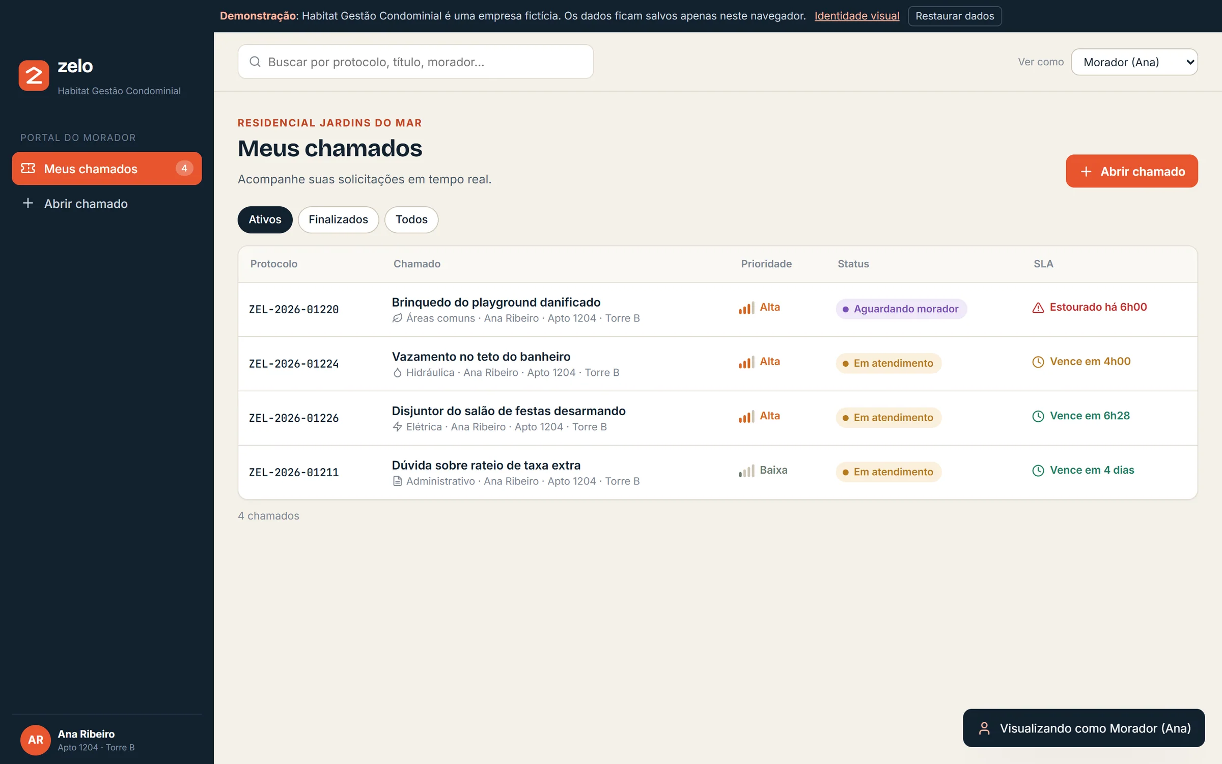 Portal do morador com seus chamados e status
