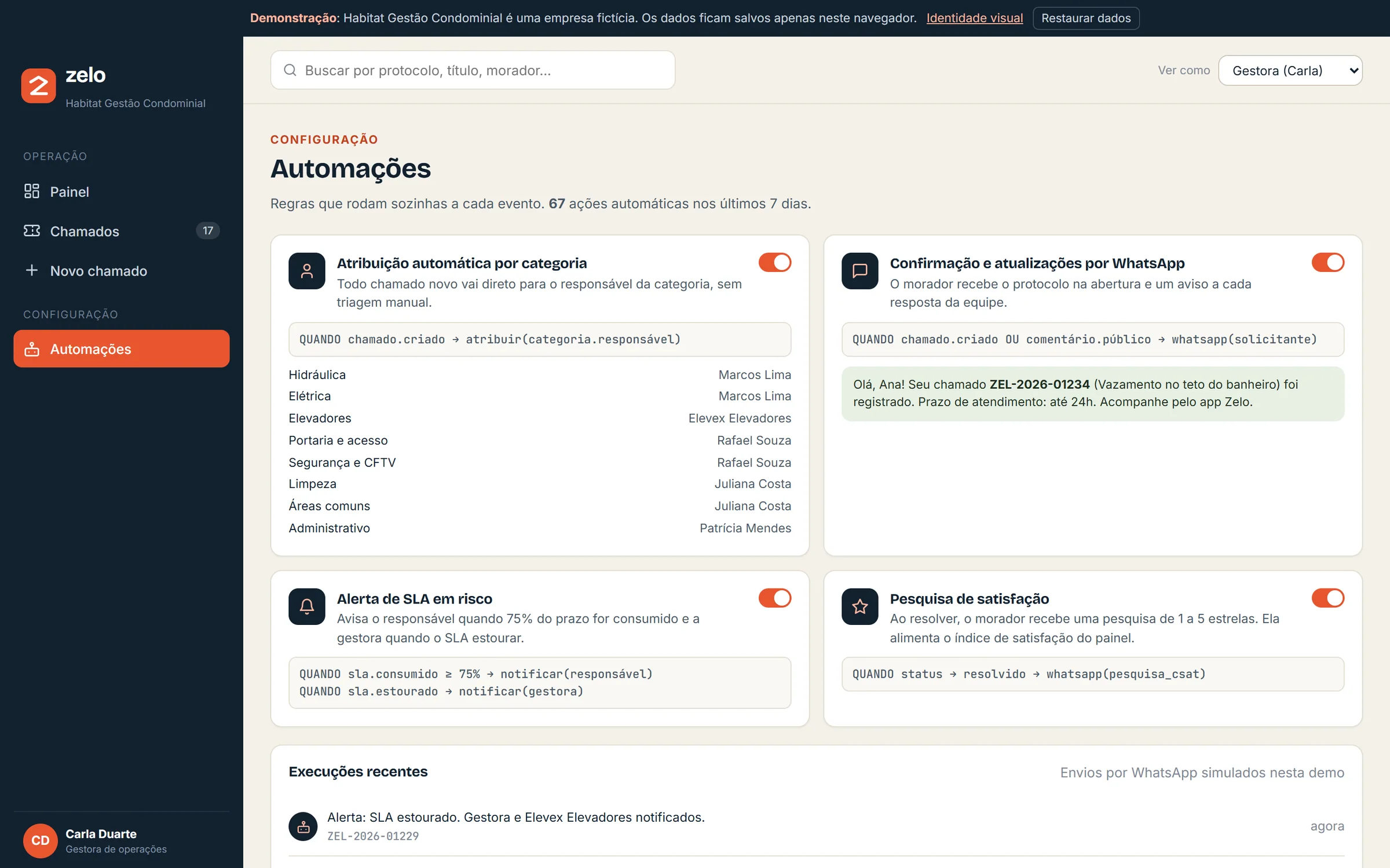 Tela de automações com regras de atribuição, WhatsApp, SLA e satisfação